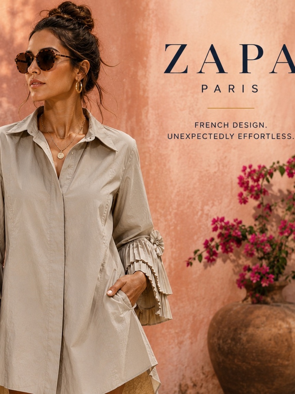 ZAPA, Paris Stone Cotton Blend Shirt, Tiered Bell Sleeves French Size Medium - Picture 2 of 11
